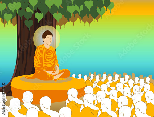 beautiful Vector of Lord of Buddha Enlightenment mediating sitting with crowd of monk under bodhi tree for Makha, Visakha, Asarnha Bucha, Visak and buddhist lent day asian religion holiday retro style photo