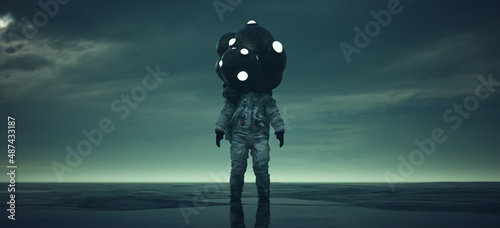 Alien Mind Control Astronaut Body Snatcher Post Apocalyptic Paranormal Extra-Terrestrial Sci-Fi Monster Dusk 3d illustration render photo
