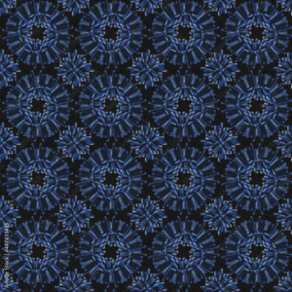 Geometric pattern of blue small circles,mandals, flowers on a black background. Textile design, template, background, wallpaper, packaging, textiles, ornament.