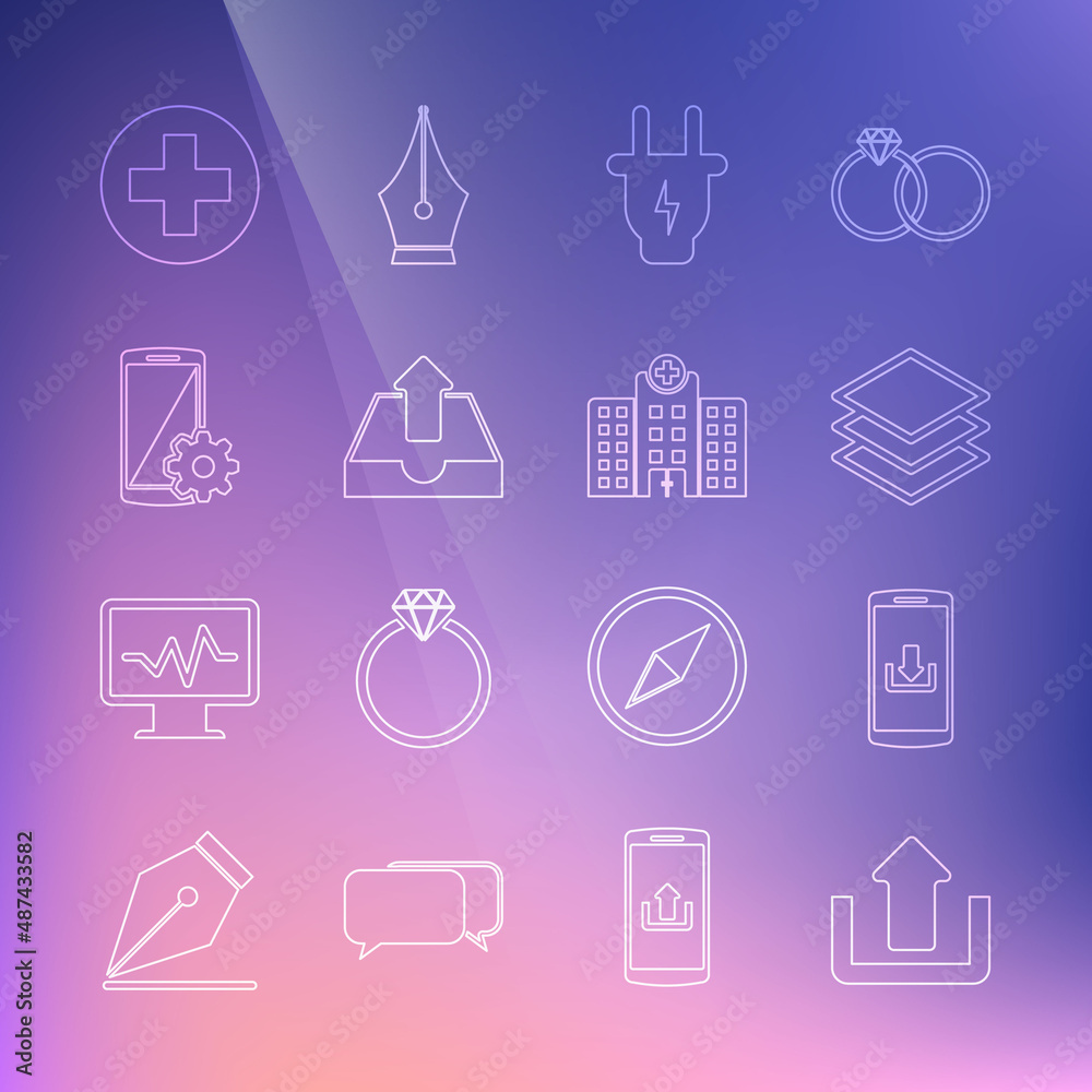 Set line Upload, Smartphone with download, Layers, Electric plug, inbox, Setting smartphone, Medical cross circle and hospital building icon. Vector