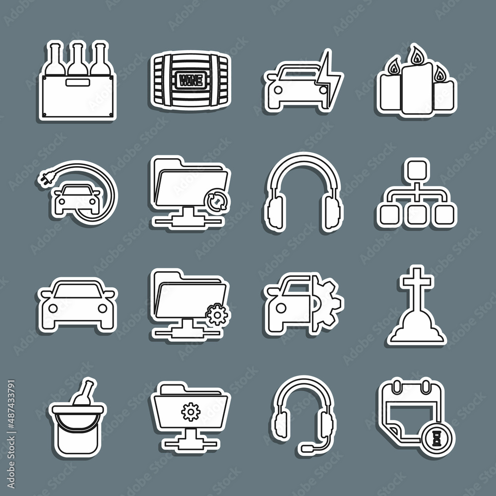 Set line Calendar and clock, Tombstone with cross, Hierarchy organogram chart, Electric car, FTP sync refresh, Bottles of wine in box and Headphones icon. Vector