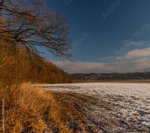 Field and meadow near Telc town in winter frosty morning