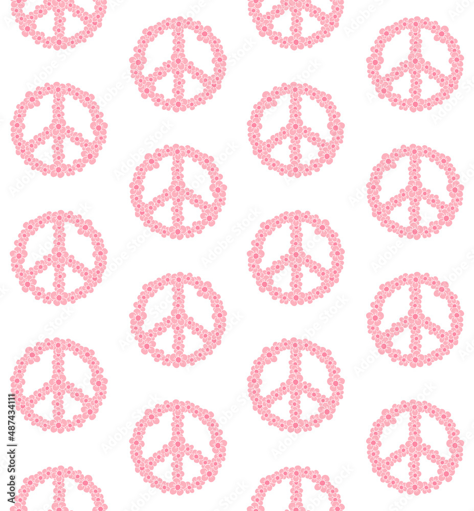 Vector seamless pattern of hand drawn doodle sketch pink peace sign with flowers isolated on white background Vector seamless pattern of hand drawn doodle sketch pink peace sign with flowers isolated on white background