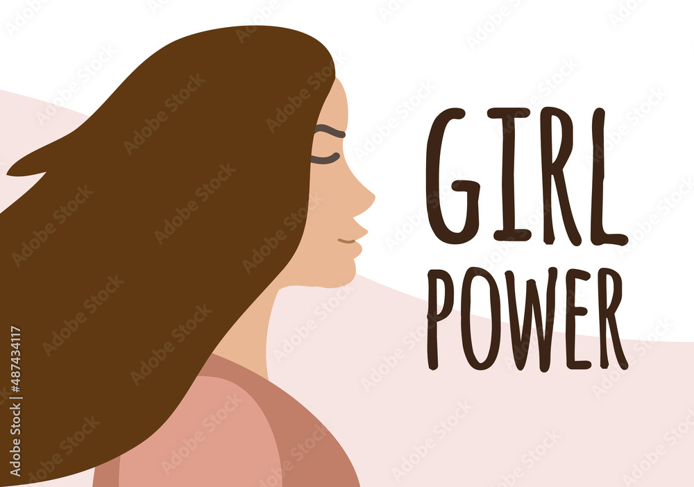 Vector flat banner with woman and girl power lettering isolated on white background