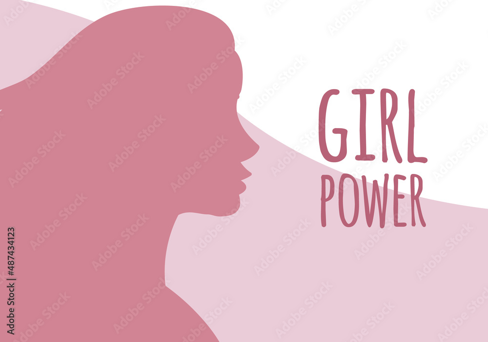 Vector flat banner with woman silhouette and girl power lettering isolated on white background