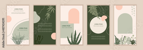 Set of natural style templates for banners, flyers, stories, brochures, web and social media posts. Organic design. Foliage, plants abstract shapes. Vector flat illustrations. EPS 10