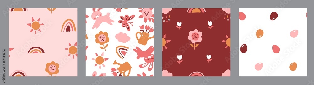 Vector Easter seamless pattern boho style collection. Holidays background. Bunny, rainbow, flowers. sun Vector Easter seamless pattern boho style collection. Holidays background. Bunny, rainbow, flowers. sun