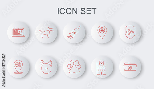 Set line Medical veterinary record folder, Location, Syringe with pet vaccine, Veterinary medicine hospital, Clinical dog laptop, Dog, and Paw print icon. Vector