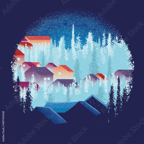 Colored winter landscape with trees and houses Vector