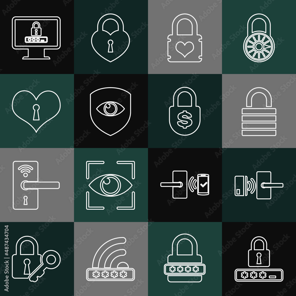 Set line Password protection, Digital door lock with wireless, Lock, Padlock heart, Shield and eye, Heart keyhole, Monitor password and Money icon. Vector Set line Password protection, Digital door lock with wireless, Lock, Padlock heart, Shield and eye, Heart keyhole, Monitor password and Money icon. Vector