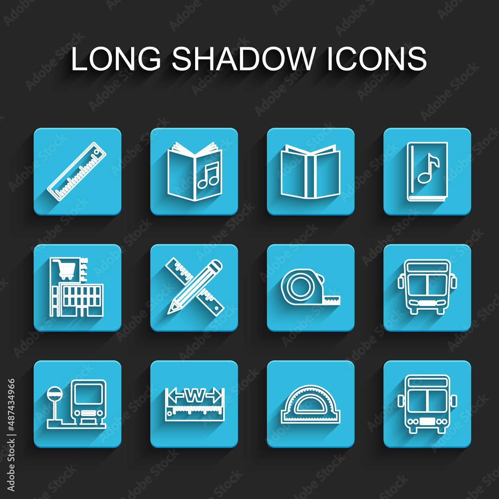 Set line Bus stop, Measuring height and length, Ruler, Protractor grid, Crossed ruler pencil, and Roulette construction icon. Vector Set line Bus stop, Measuring height and length, Ruler, Protractor grid, Crossed ruler pencil, and Roulette construction icon. Vector