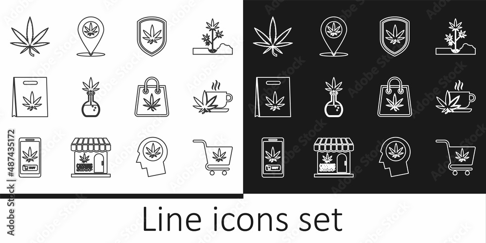 Set line Shopping cart with marijuana, Cup tea, Shield and, Test tube, bag of, Marijuana or cannabis leaf, and Location icon. Vector Set line Shopping cart with marijuana, Cup tea, Shield and, Test tube, bag of, Marijuana or cannabis leaf, and Location icon. Vector