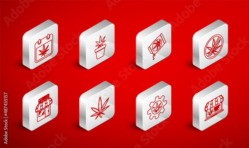 Set line Online buying marijuana, Marijuana plant pot, or cannabis seeds, Stop, Test tube with, Calendar and, leaf and store icon. Vector