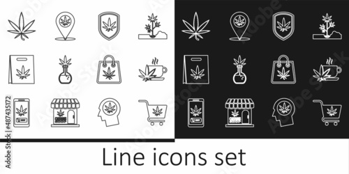 Set line Shopping cart with marijuana, Cup tea, Shield and, Test tube, bag of, Marijuana or cannabis leaf, and Location icon. Vector