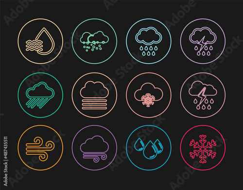 Set line Snowflake, Cloud with rain and lightning, Fog cloud, Water drop percentage, snow and icon. Vector