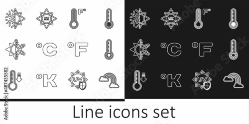 Set line Rainbow with clouds, Meteorology thermometer, Celsius, Sun and snowflake, Fahrenheit and UV protection icon. Vector