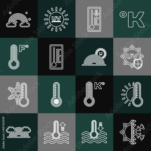 Set line Sun and snowflake, Thermometer with sun, UV protection, Meteorology thermometer, Rainbow clouds and icon. Vector