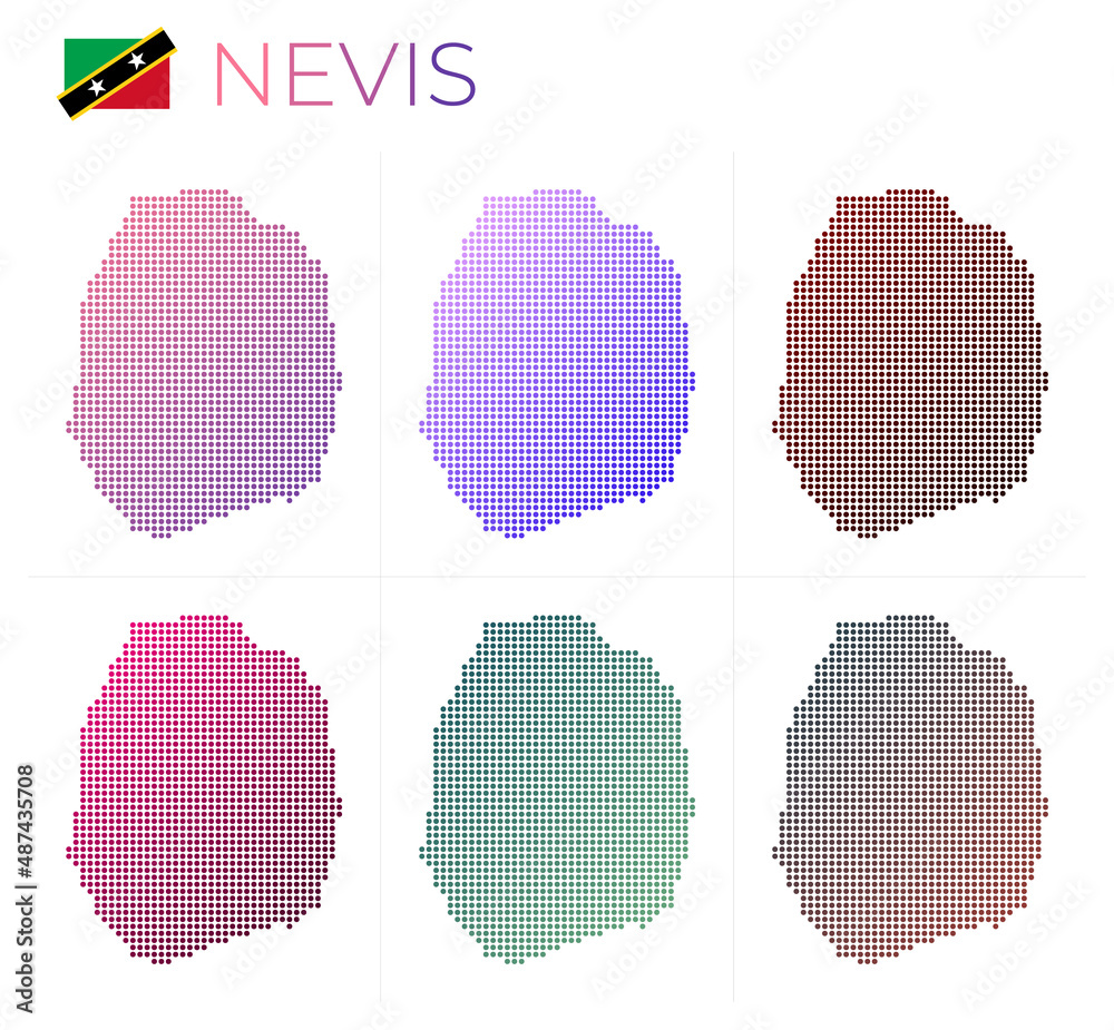 Nevis dotted map set. Map of Nevis in dotted style. Borders of the island filled with beautiful smooth gradient circles. Artistic vector illustration. Nevis dotted map set. Map of Nevis in dotted style. Borders of the island filled with beautiful smooth gradient circles. Artistic vector illustration.