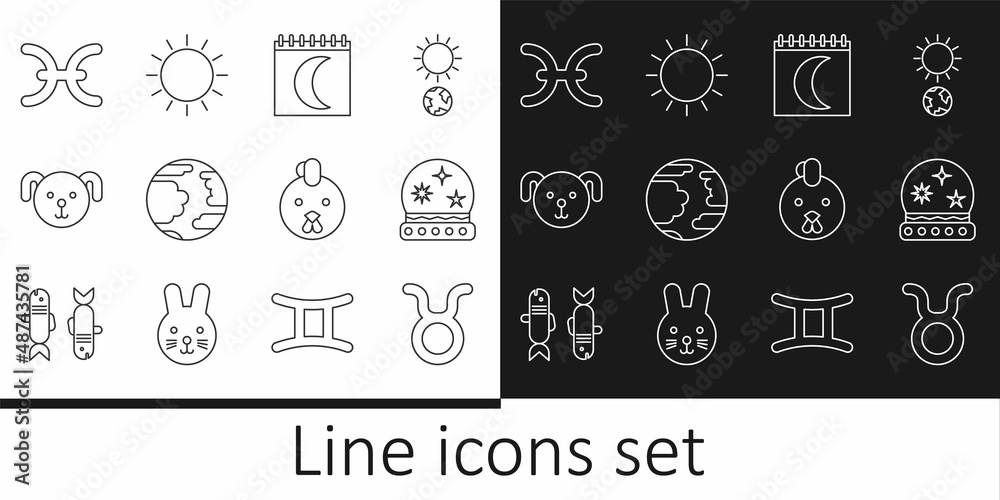 Set line Taurus zodiac, Magic ball, Moon phases calendar, Planet Mercury, Dog, Pisces, Rooster and Sun icon. Vector