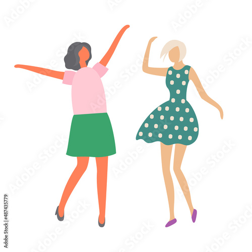 Moving girls, female characters dancing isolated. Vector cartoon style flat design people in movement, dance hen-party. Women in dresses full length