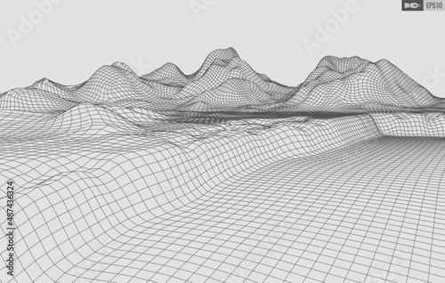 Wireframe landscape on white background. Abstract geometric vector technology background. 3d vector digital background.