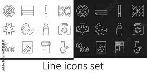 Set line Glass bong for smoking marijuana, Shopping box of, Marijuana joint, Cookies with, Medical cannabis leaf, Stop, olive oil and Rolling paper icon. Vector