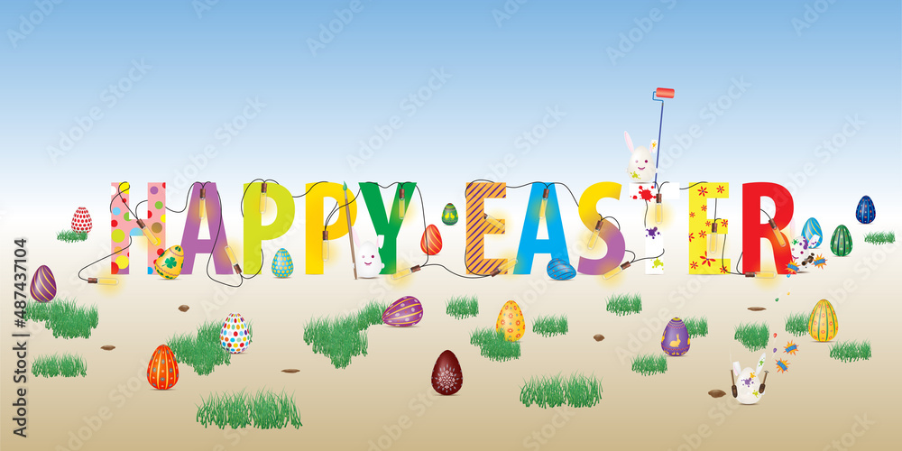 Happy Easter illustration with Easter motifs and symbols, painted eggs, rabbits, chickens. Vector drawing, organized layers.