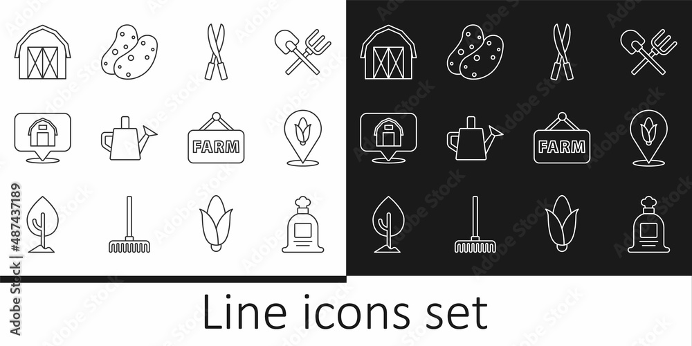 Set line Full sack, Location corn, Gardening handmade scissors, Watering can, farm house, Farm, Signboard with text and Potato icon. Vector