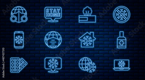 Set line Virus statistics on laptop, Liquid antibacterial soap, Wet wipe pack, Earth with medical mask, mobile, Stay home and icon. Vector
