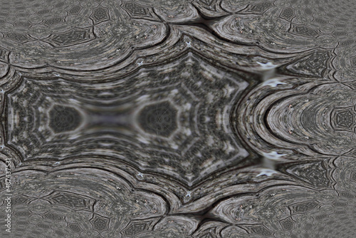 Kaleidoscope of grey abstract wood. Magic footprint style fairy tale design.