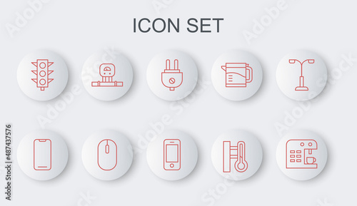 Set line Coffee machine, Smartphone, Electric plug, Meteorology thermometer, Traffic light, sensor, Computer mouse and icon. Vector