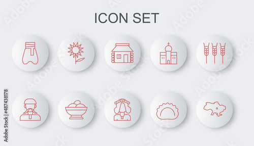 Set line Map of Ukraine, Ukrainian cossack, house, Dumplings, Cossack pants, Sunflower, Varenyky bowl and woman icon. Vector