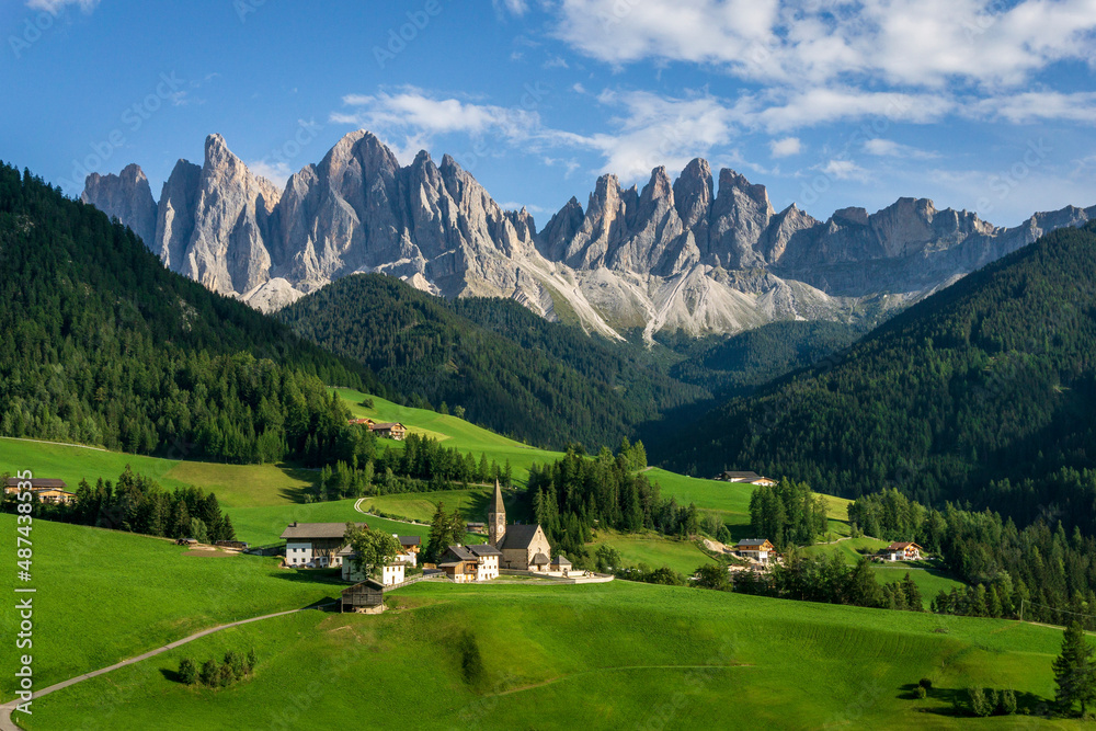 The peaks of the Odle group above the village of Santa Maddalena in Val di Funes. Dolomites.