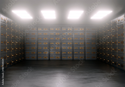 Realistic metal safe deposit boxes inside bank vault silver and gold colors. Concept for security and banking protection. 3d rendering illustration.