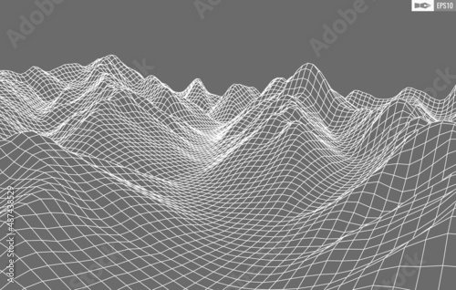 Wireframe landscape on white background. Abstract geometric vector technology background. 3d vector digital background.