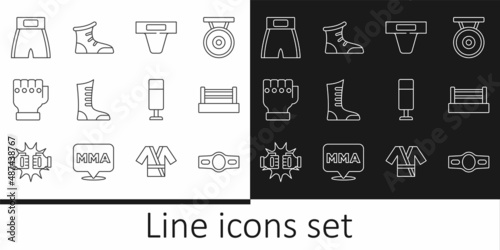 Set line Boxing belt, ring, Groin guard, Sport boxing shoes, MMA glove, short, Punching bag and icon. Vector