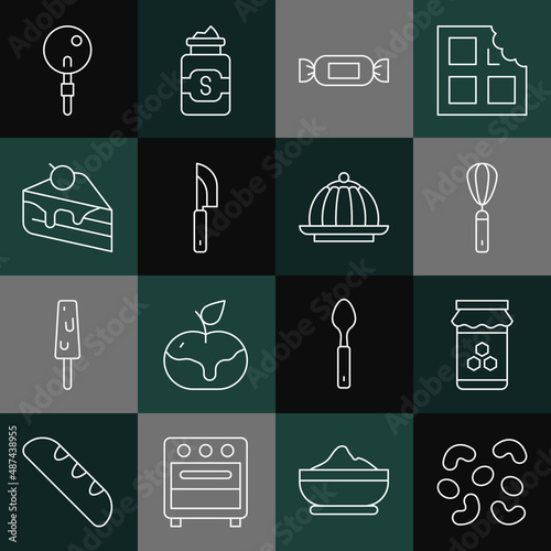 Set line Jelly candy, Jar of honey, Kitchen whisk, Candy, Knife, Piece cake, Lollipop and Pudding custard icon. Vector