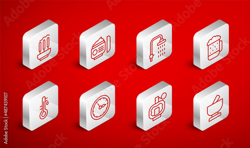 Set line Mortar and pestle, Cream lotion cosmetic tube, Shower, Wooden beer mug, Aftershave, Incense sticks, Sauna clock and thermometer icon. Vector