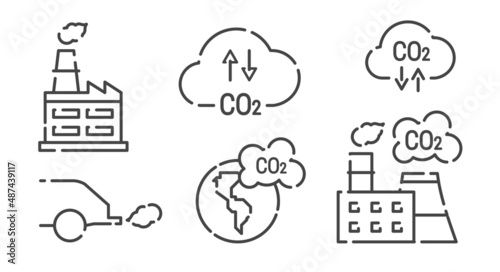 CO2, carbon dioxide emissions, vector line icon set. Factory, car exhaust, planet earth, cloud. Flat illustration isolated on white background.