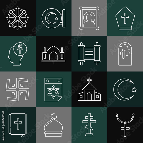Set line Christian cross on chain, Star and crescent, Easter cake, icon, Hindu spiritual temple, Cross ankh, Dharma wheel and Decree, paper, parchment, scroll icon. Vector