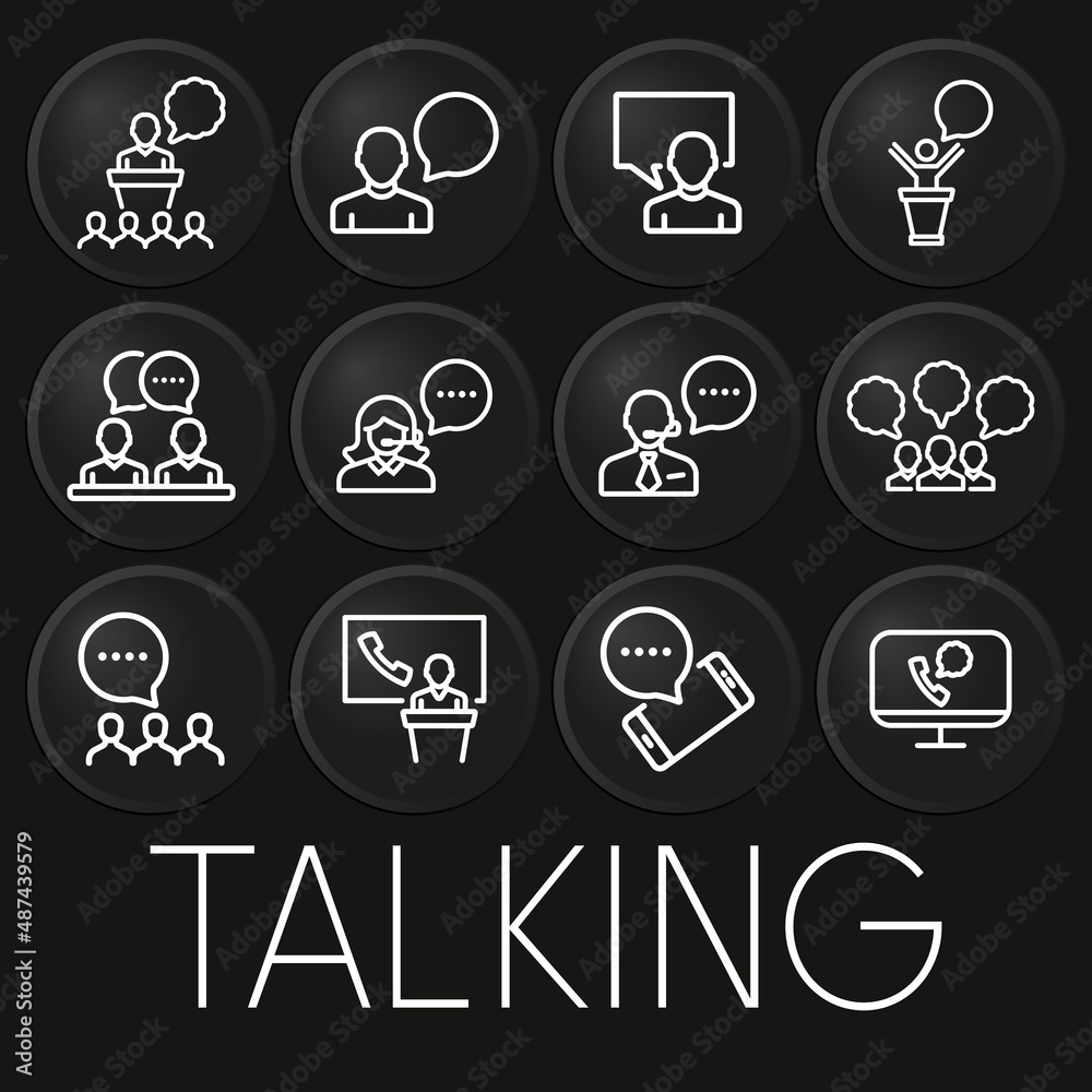 Talking minimal vector icon on 3D button isolated on black background. Premium Vector.