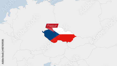 Czech Republic map highlighted in Czech Republic flag colors and pin of country capital Prague.