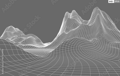 Wireframe landscape on white background. Abstract geometric vector technology background. 3d vector digital background.