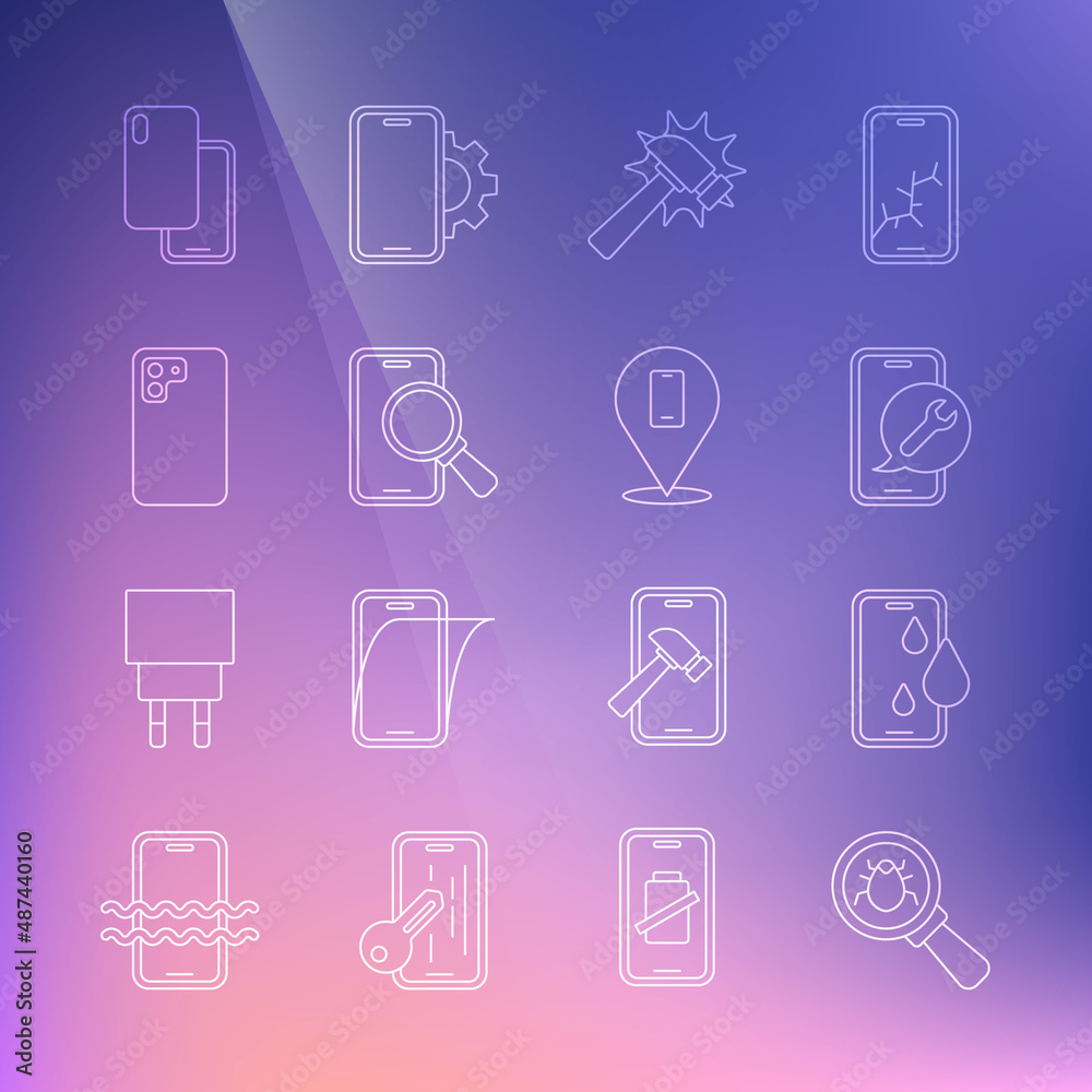 Set line System bug, Waterproof phone, Mobile service, Hammer, Phone repair, Smartphone, and icon. Vector Set line System bug, Waterproof phone, Mobile service, Hammer, Phone repair, Smartphone, and icon. Vector