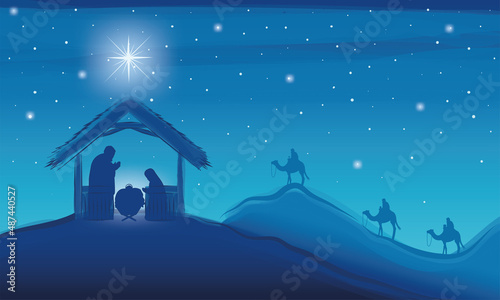 Nativity landscape blue night scene with star mangel Vector