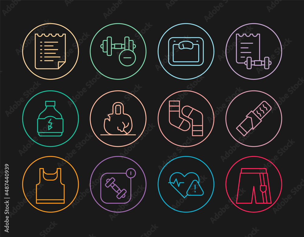 Set line Short or pants, Protein sport bar, Bathroom scales, Broken weight, Sports nutrition, training program, Socks and Dumbbell icon. Vector Set line Short or pants, Protein sport bar, Bathroom scales, Broken weight, Sports nutrition, training program, Socks and Dumbbell icon. Vector