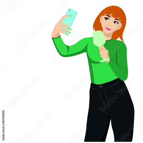 Red-haired girl with a phone in one hand and a glass in the other, flat vector, isolate on a white background, blogger, opinion leader, influential person