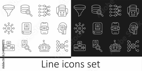 Set line Neural network, Humanoid robot, Artificial intelligence AI, Funnel filter, and Server icon. Vector
