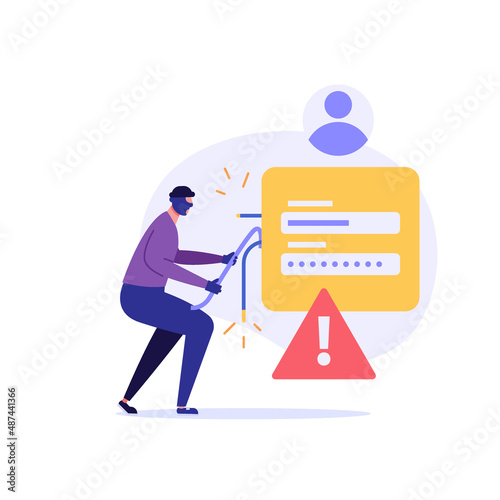 Concept of hacker attack, fraud investigation, internet phishing attack. Hacker hacking personal data. Internet theft stealing privacy login, account and password. Vector illustration in flat design