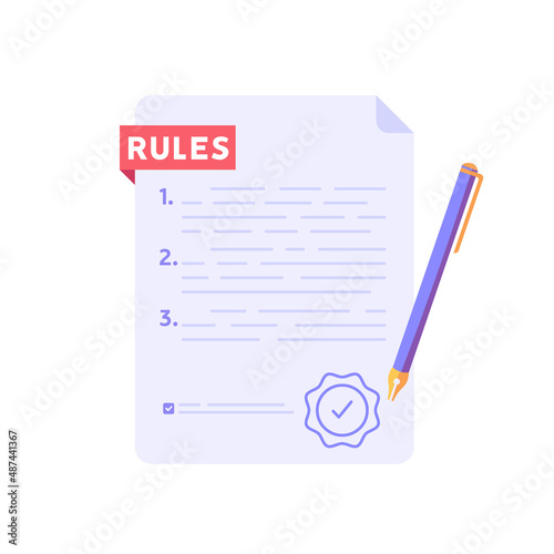 Concept of rules and regulations, company policy, corporate law and business ethics. Business concept reading checklist of rules and regulation standards. Vector illustration in flat design